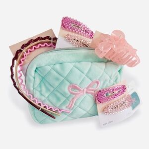 Hair Accessories Gift Set in Velvet Bow Cosmetic Case Pink Teal NWT